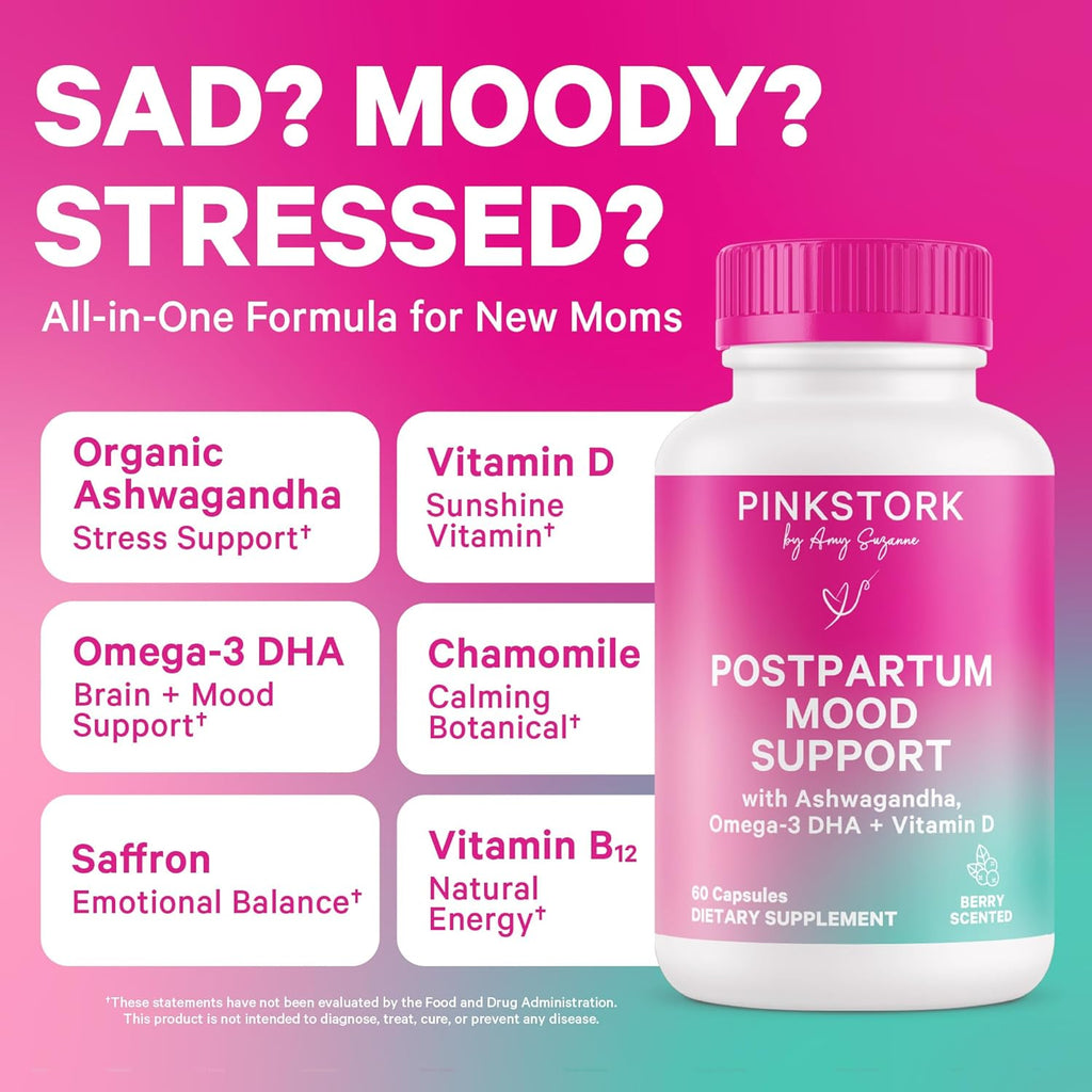 Pink Stork Postpartum Mood Support - Postnatal Hormone Balance for Women - Breastfeeding Friendly - Stress & Cognitive Support, New Mom Essentials - Ashwagandha, Chamomile, & Vitamin D, 60 Capsules