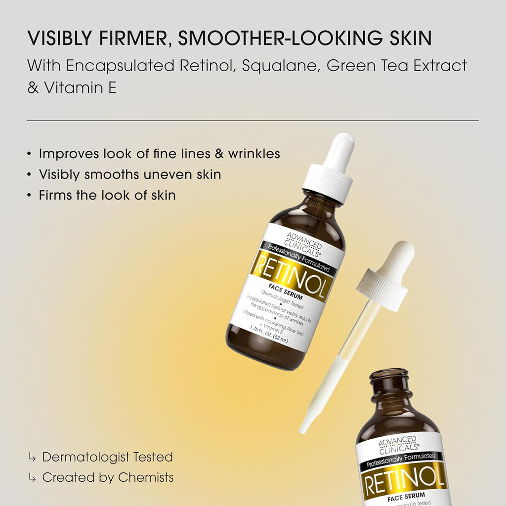 Advanced Clinicals Retinol Serum For Face | Visible Anti Aging Retinol Serum Skin Care Face Moisturizer With Vitamin E Helps Improve Look Of Wrinkles, Fine Lines, & Uneven Skin Tone, 1.75 Fl Oz