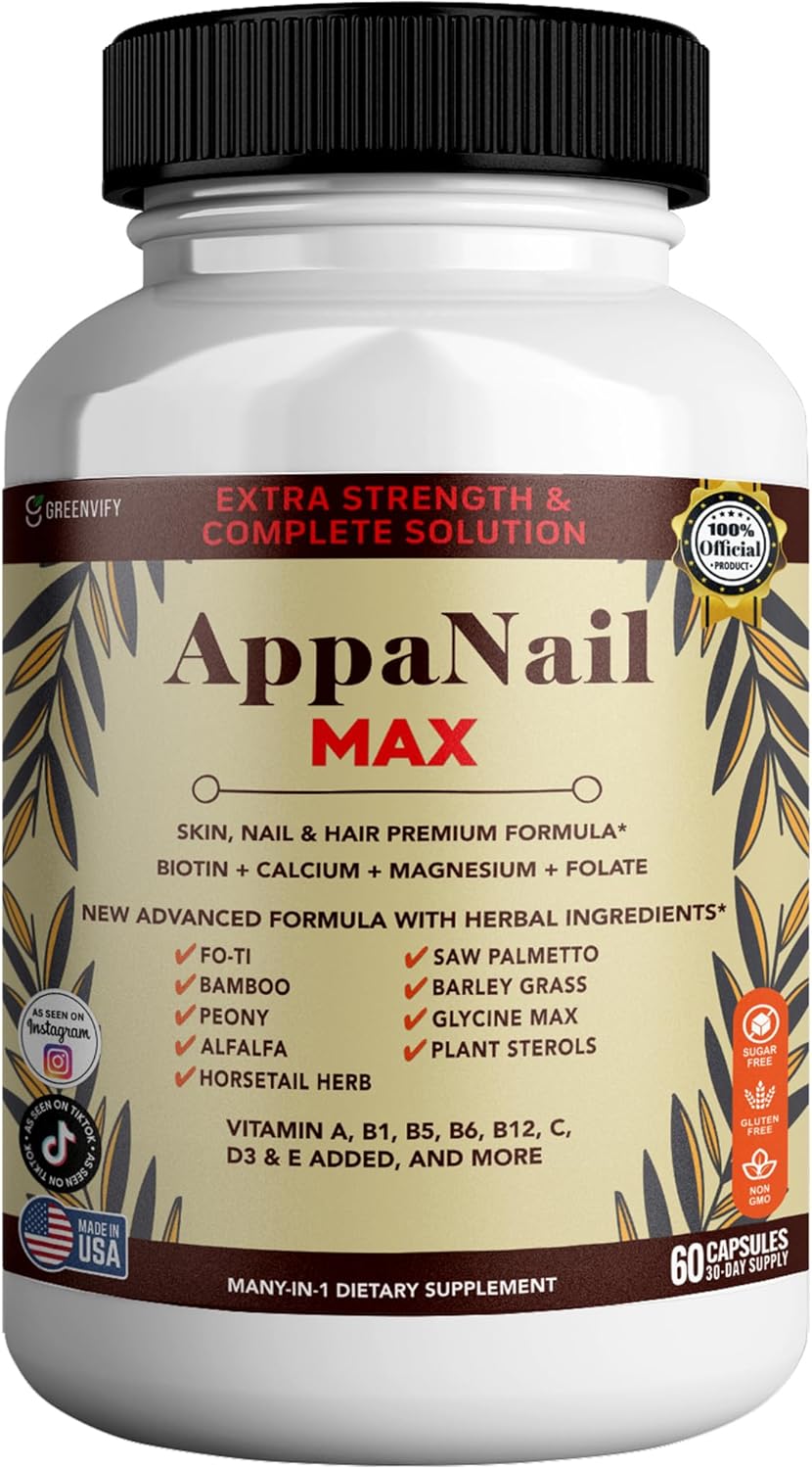 AppaNail MAX Hair Skin & Nail Supplement, 60 Capsules, with Biotin 5000mcg, Vitamins, Minerals & Herbal Complex (1)