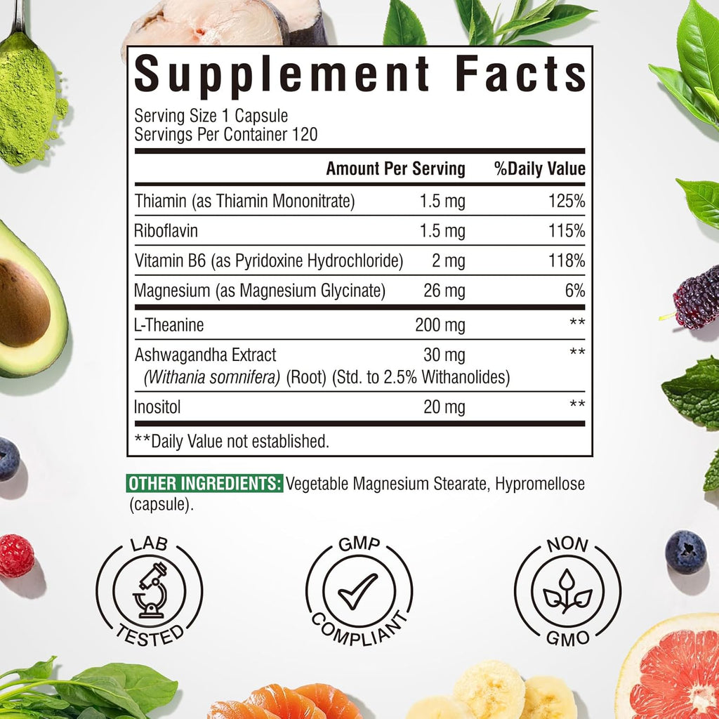 L-Theanine 200mg Supplement, Magnesium Glycinate, Ashwagandha, Inositol, Vitamin B1 B2 B6, No Gluten, Calm, Relaxation, Focus, Cognitive Function, 120 Vegan Caps