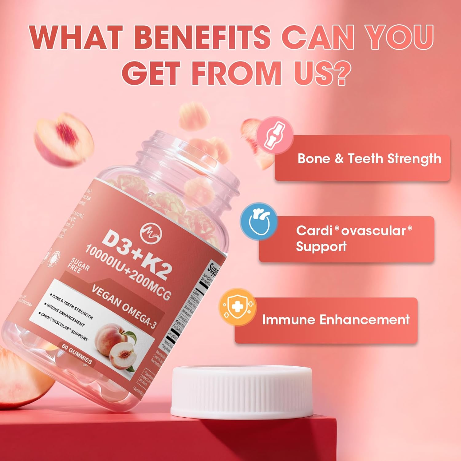 Vitamin D3 K2 Gummies, Vitamin D3 10000IU, K2 (MK-7) 200mcg, 6-in-1 Vitamina D3 Con K2 Supplement with Omega-3, Magnesium, Calcium and Zinc for Bones, Teeth & Immune Support, Sugar Free, 2 Packs