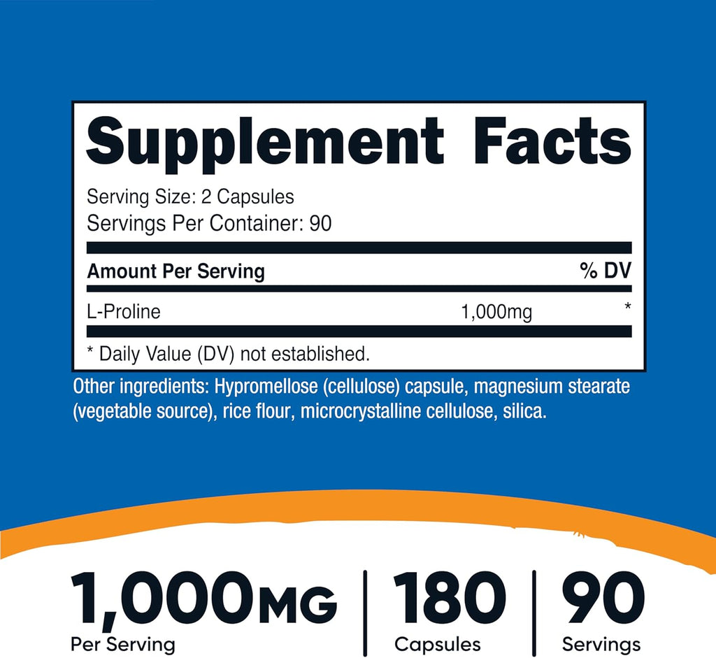Nutricost L-Proline 1000mg, 180 Capsules (90 Servings) - 500mg Per Cap, Non-GMO, Gluten Free