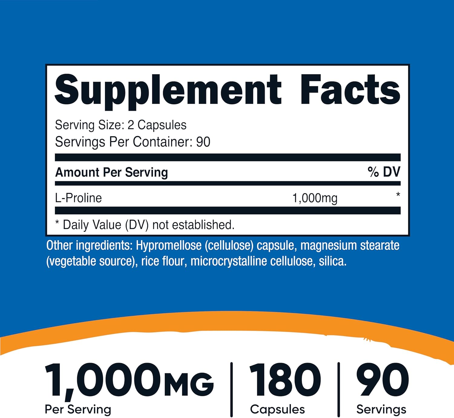 Nutricost L-Proline 1000mg, 180 Capsules (90 Servings) - 500mg Per Cap, Non-GMO, Gluten Free