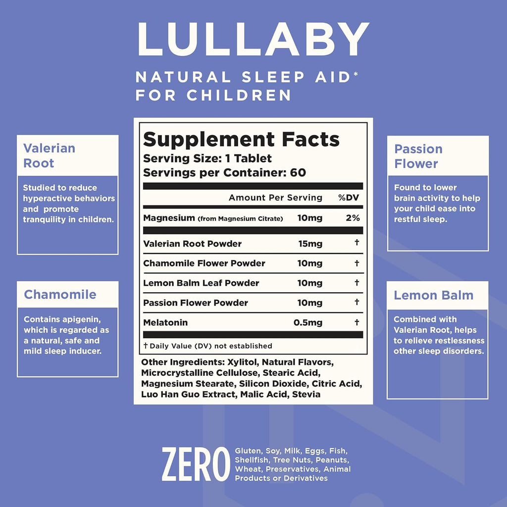 Lullaby | Gentle Kids Natural Sleep Aid | Pediatrician Recommended | Delicious Low Dose Melatonin & Non-Habit Forming Mixed Berry Chewable Tablets | with Chamomile, Magnesium for Kids 3+