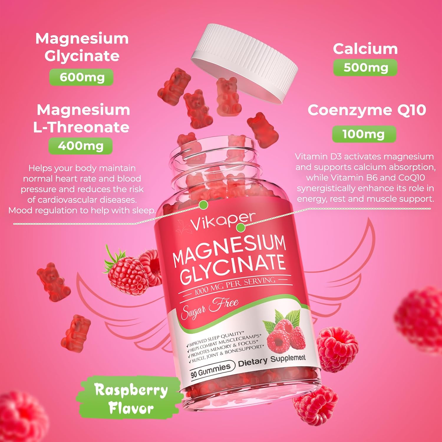Magnesium Glycinate Gummies 1000mg Sugar Free,Magnesium Potassium Supplement with Vitamin D3,B6 to Sleep,Stress,Muscle Relief,Nerve Health Support for Adults,90 Raspberry Flavor Gummy