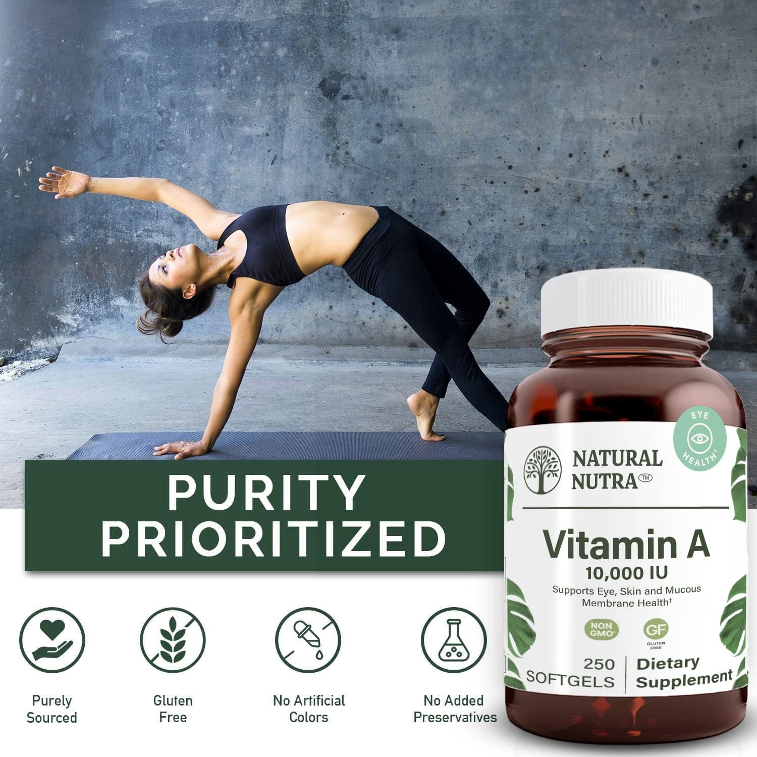 Natural Nutra Vitamin A 10,000 IU Softgels – High Potency Eye and Skin Vitamins – Gluten-Free Vitamin A Supplement for Sight & Skin Health – Fish Liver Oil for Men and Women, Gluten Free, 250 Softgels