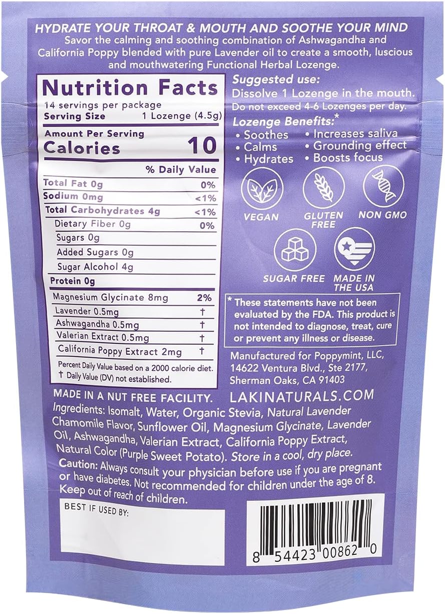 Laki Naturals Lavender Chamomile Calm Mood Functional Herbal Lozenges (14ct) Throat & Calming Hard Candies with Magnesium, Ashwagandha, California Poppy & Valerian. Vegan, Sugar Free, Gluten Free