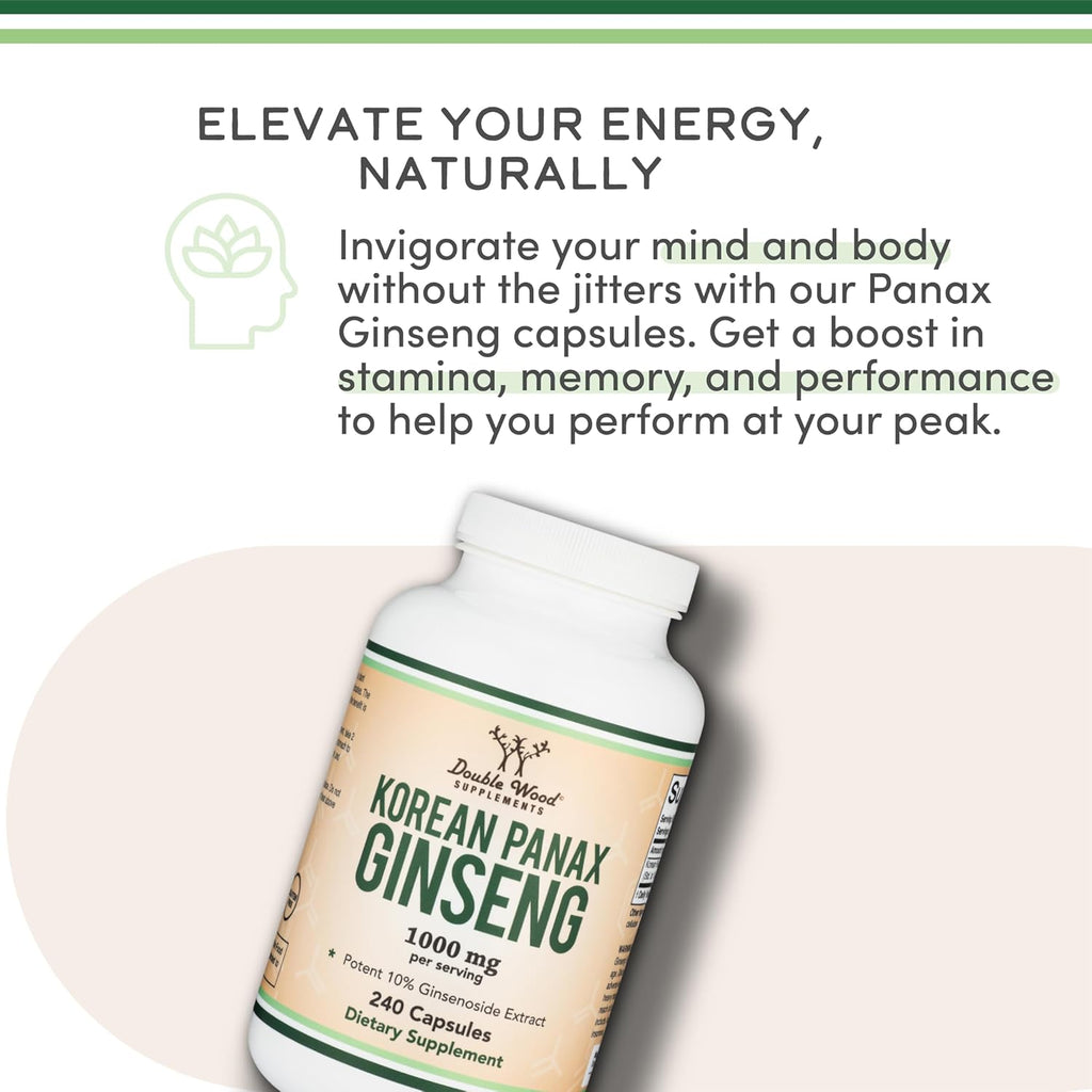Ginseng Capsules (Korean Red Ginseng Extract, Panax Ginseng 10% Ginsenosides) (4 Month Supply) 240 Vegan Capsules - 1,000mg per Serving for Mood, Cognitive Function and Energy Support by Double Wood