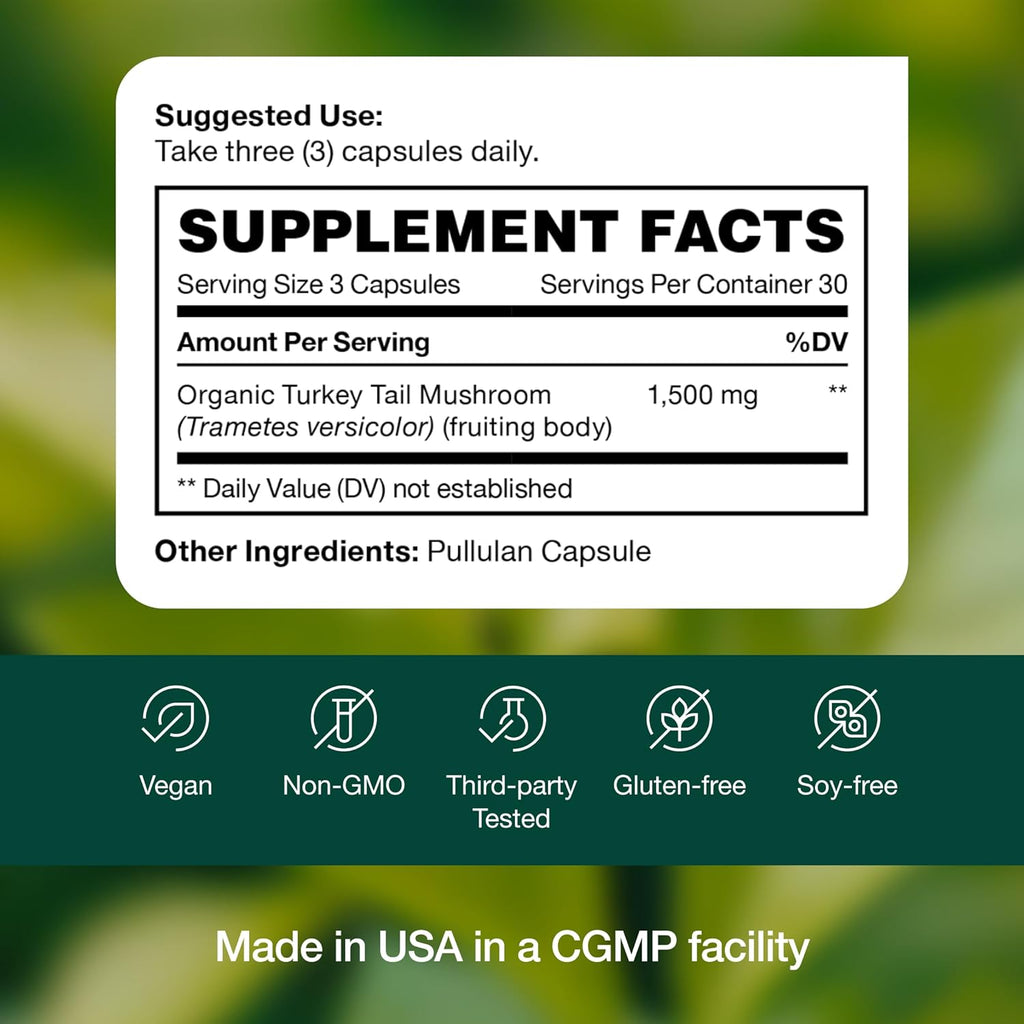Fresh Nutrition Organic Turkey Tail Mushroom Extract Supplement - High in Beta Glucans – Non-GMO, Vegan Friendly, Gluten-Free - 90 Capsules