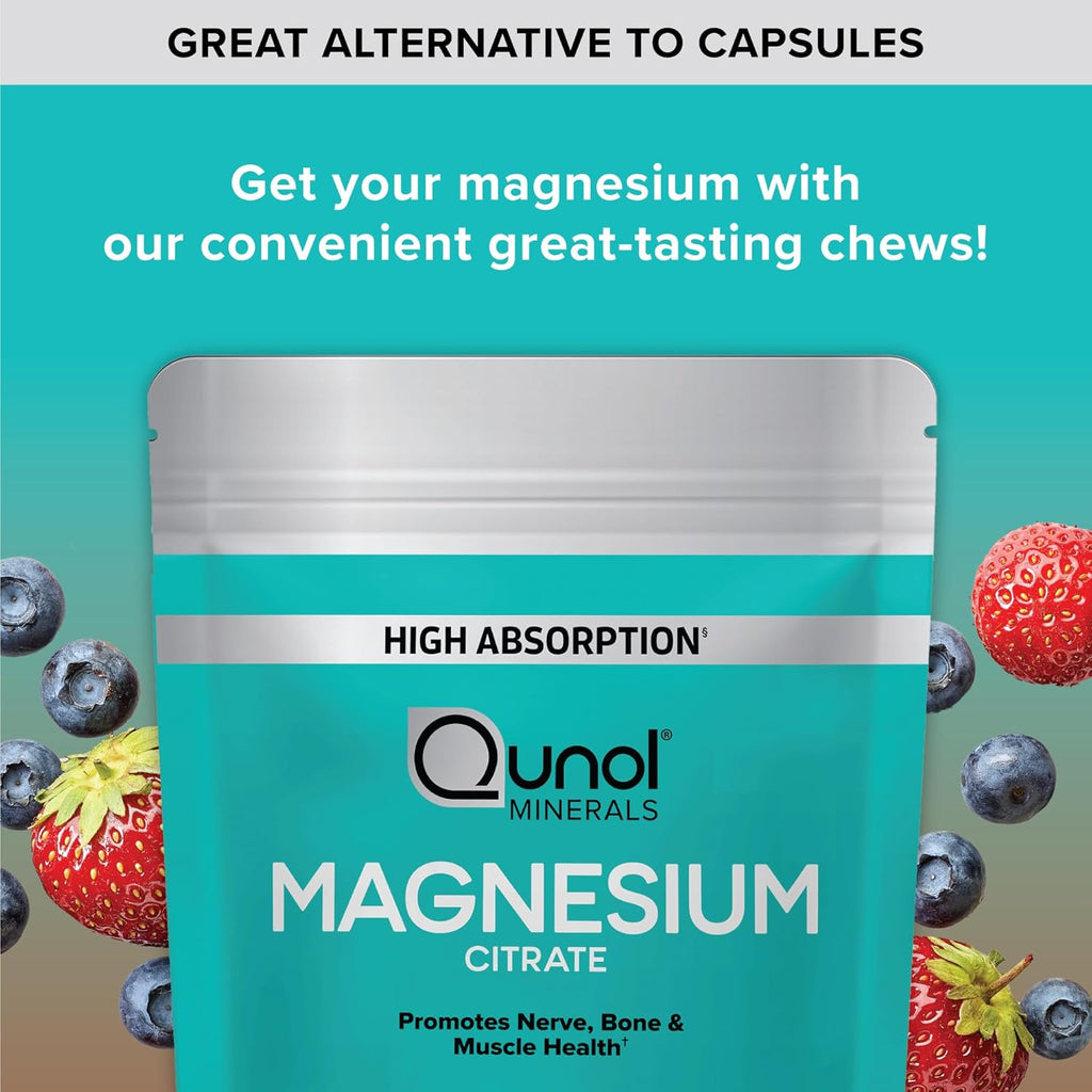 Qunol Magnesium Citrate Soft Chews, 350mg Extra Strength Magnesium Supplement, High Absorption to Support Nerve, Bone and Muscle Health, 90 Count