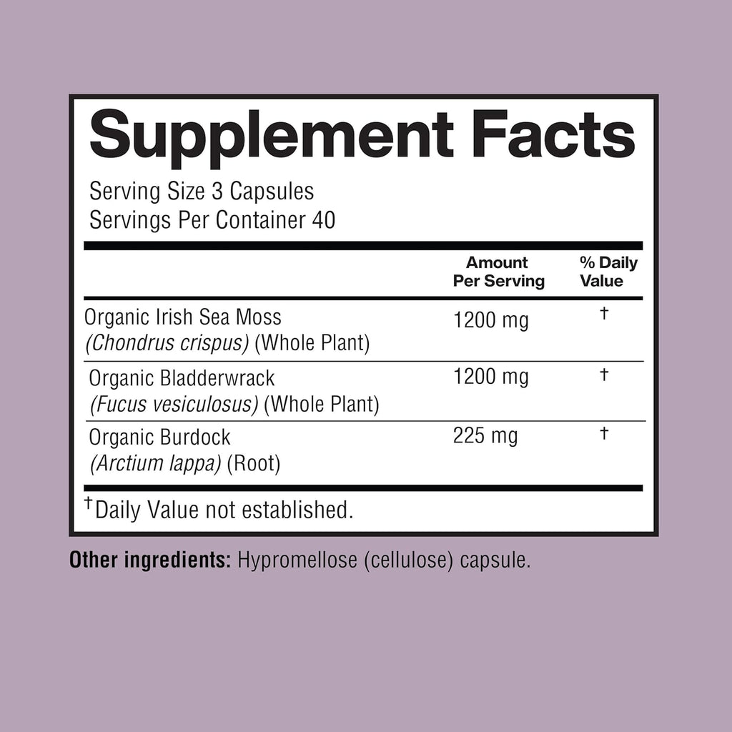 Irish Seamoss Capsules 2625mg per Serving - Made with Organic Seamoss, Bladderwrack & Burdock Root for Digestive & Immune Support