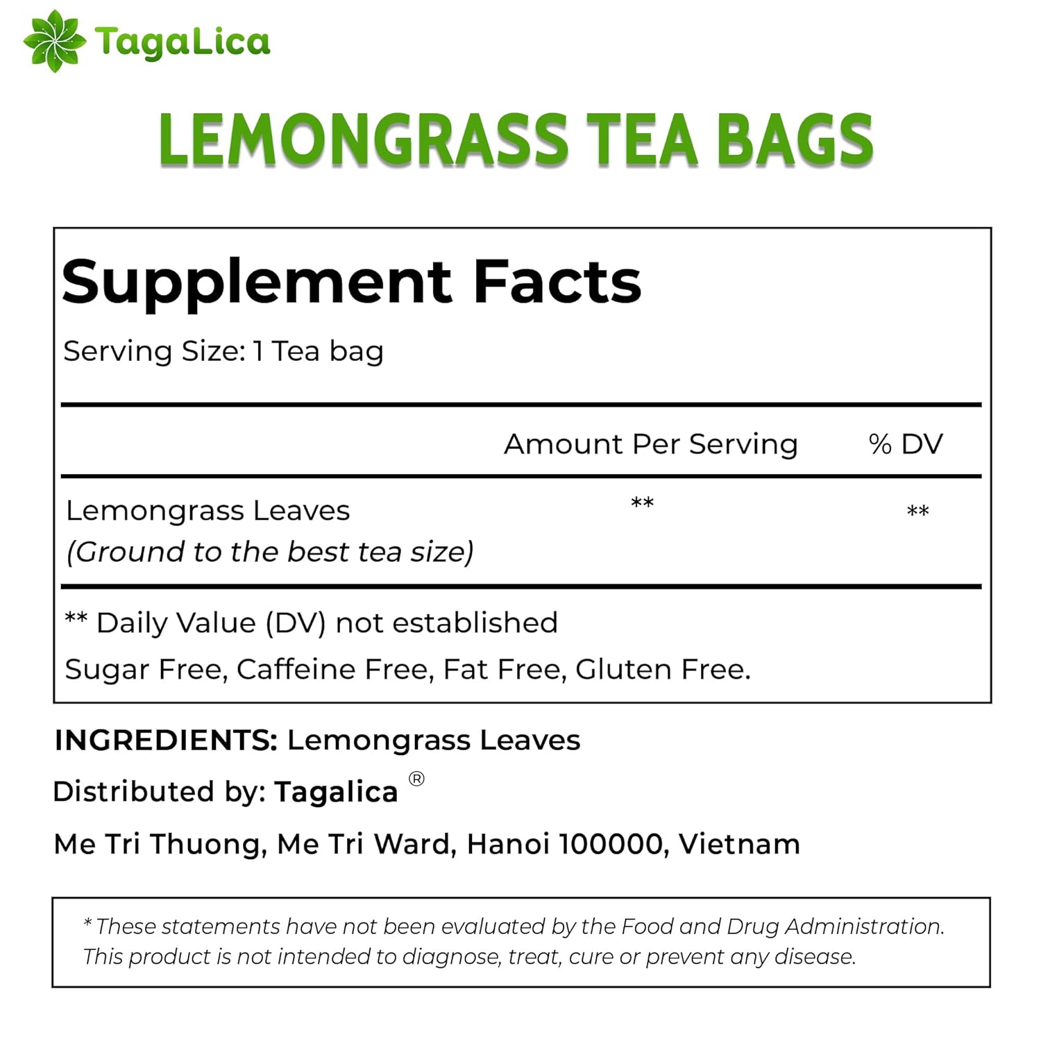Tagalica, Premium 75 Lemongrass Tea Bags, 100% Natural & Pure Lemongrass leaves, Eco-Conscious Tea Bags, Lemongrass Herbal Tea. Lemongrass Leaf Tea. No Sugar, No Caffeine, No Gluten, Vegan.