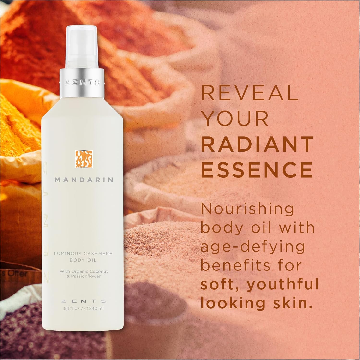 Zents Luminous Cashmere Body Oil (Mandarin Fragrance) | Moisturizing Body Oil with Vitamin E & Organic Coconut Oil | Softens & Smooths Skin | 8 fl oz