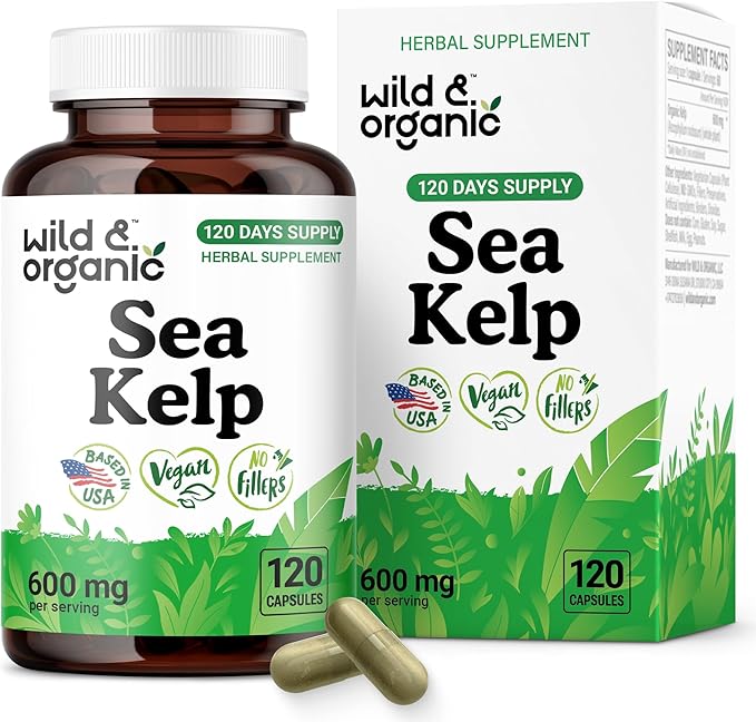Wild & Organic Sea Kelp Capsules 600 mg - Immune & Overall Support - Sea Kelp Iodine Supplement for Men & Women - Ocean Seaweed Supplement - Vegan, No Fillers, Non-GMO - 120 Count