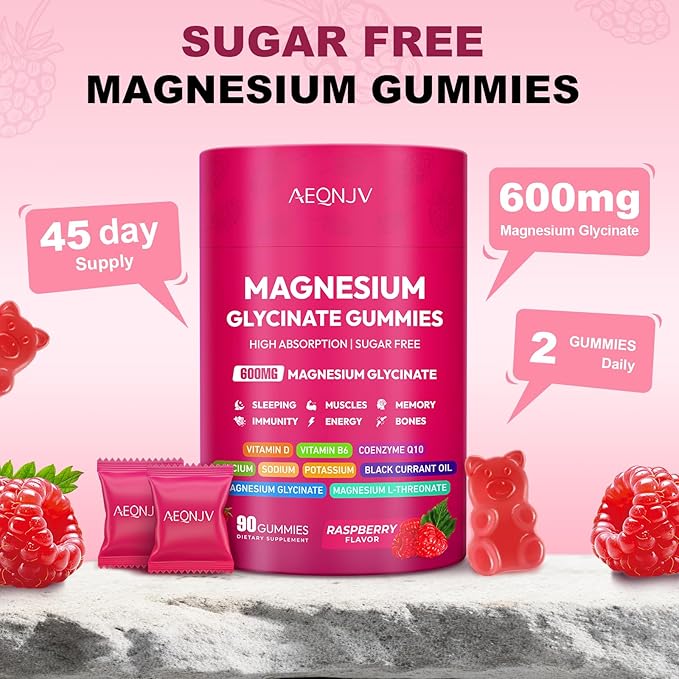 Magnesium Glycinate Gummies 600mg, High Absorption Magnesium Supplement, Sugar Free Chewables Gummies with L-Threonate, VitaminD & B6, CQ10 for Adults & Kids, Relax, Muscle & Zzz Support