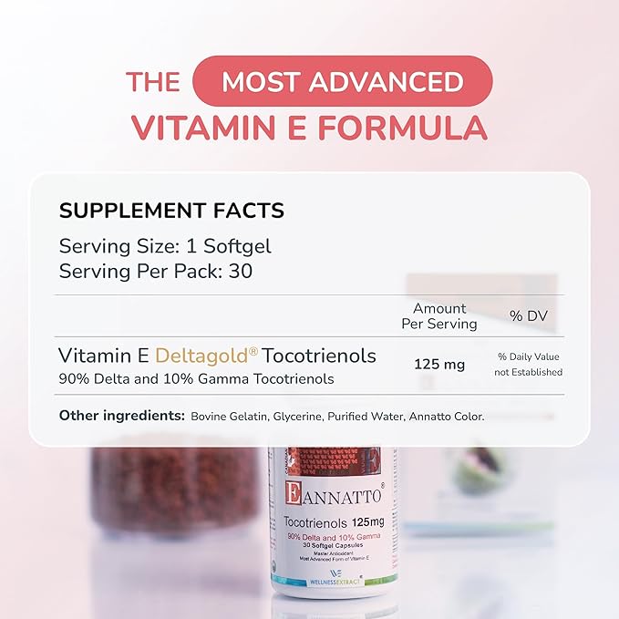 WELLNESS EXTRACT Eannatto Tocotrienols Vitamin E Supplements Tocopherol Free, Non-GMO, Gluten Free & Antioxidant 125mg 30 Softgels (Pack of 2)
