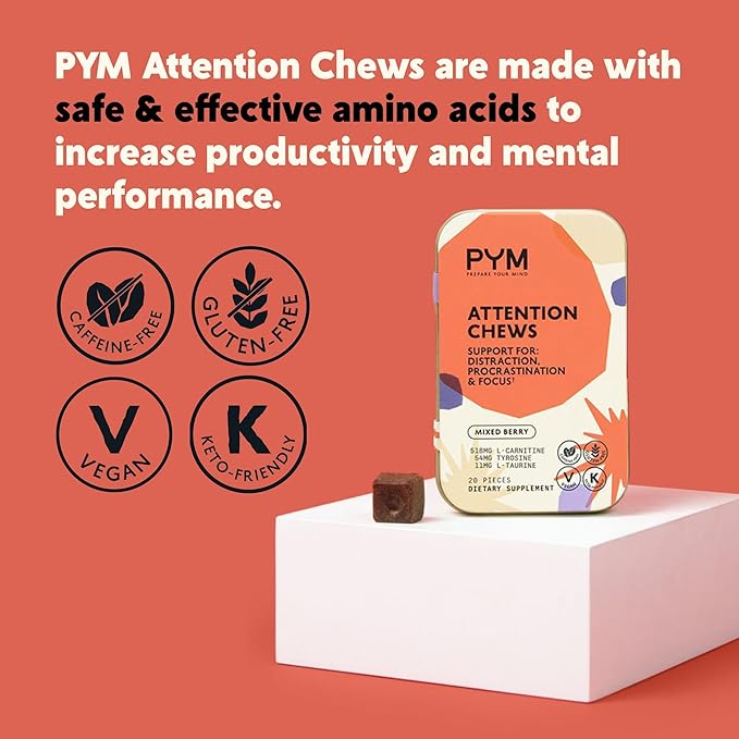 PYM Mood & Focus Chews Variety Pack, 60 Count | Berry, Citrus & Attention Chews | GABA, L-Theanine, L-Carnitine | Vegan, Non-GMO, Caffeine-Free