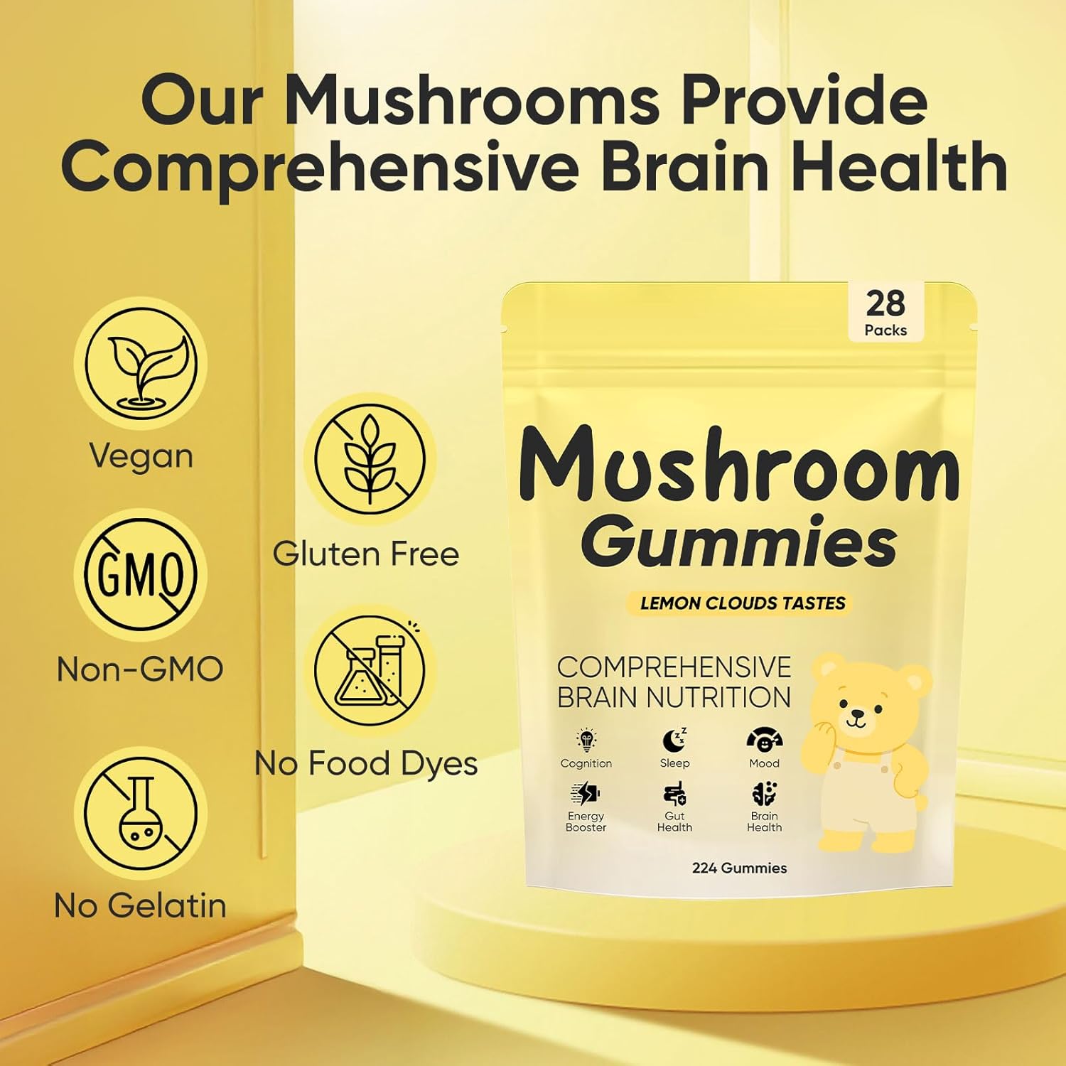 Lions Mane Mushroom Gummies – 10,000 mg Adaptogenic Mushroom Complex per Serving, Vegan, Low Sugar/Sugar-Free, Brain & Focus Support Supplement, 28 Daily Sachets