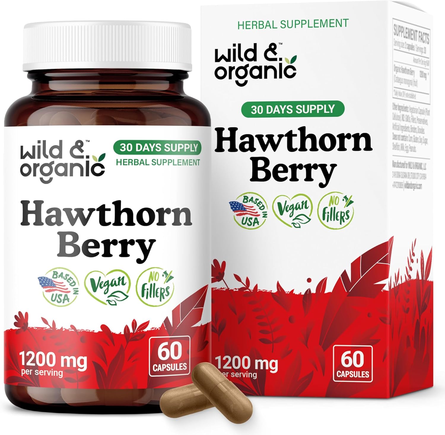 Wild & Organic Hawthorn Berry Capsules 1200 mg - Overall Support - Hawthorne Berry Supplement - Crataegus Monogyna Fruit Powder - 30 Days of Supply - Vegan, No Fillers, Non-GMO - 60 Count