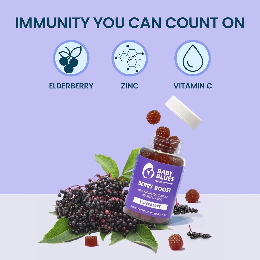 Baby Blues Berry Boost for Moms, Immunity Elderberry Gummies Immune Support Supplement with Vitamin C and Zinc for Adults, Non-GMO Immune System Vitamins Booster Vegan Gluten Free Gummies, 60pcs