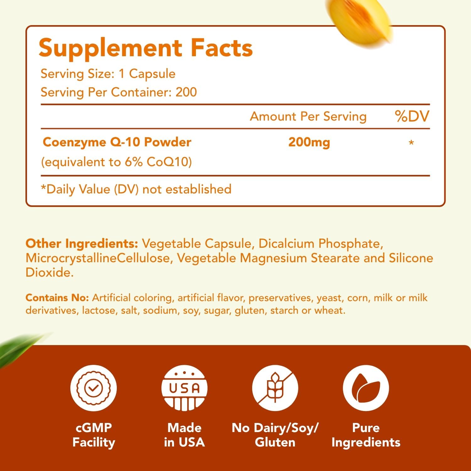Coenzyme Q10 200mg CoQ10 Supplement -Once Daily CoQ10 200mg Powder Capsules for Heart Health, Antioxidant & Energy Support -Non-GMO, Quick Absorption Ubiquinone Q10 Coenzyme (Single)