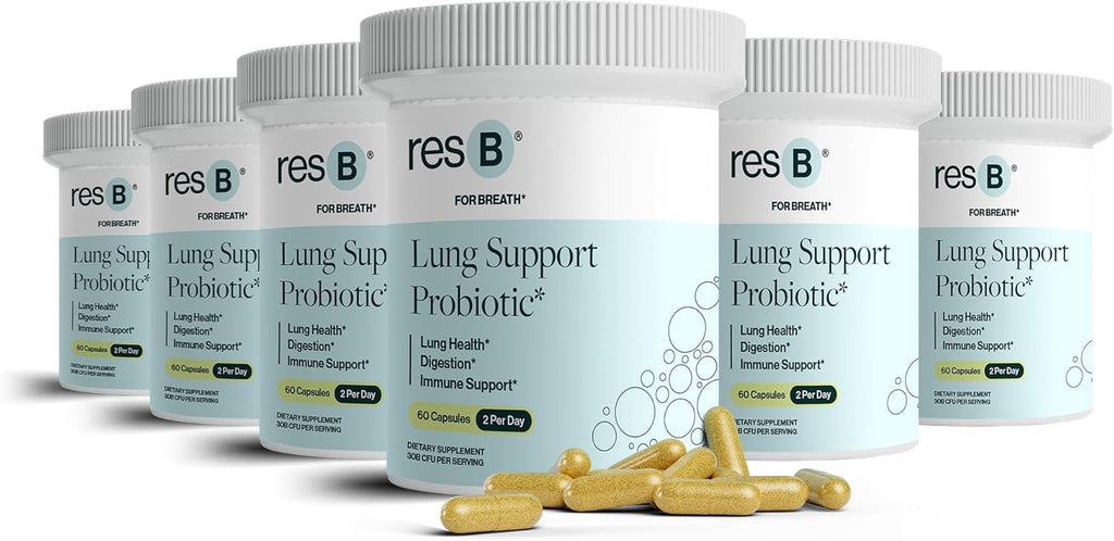 resB Lung Support Probiotic Supplement - Lung Health Supplement for Smokers, Gut Health, Immune Support, Respiratory Care, Holy Basil, Turmeric, Clinically Trialed - 360 Capsules (6 Bottles)