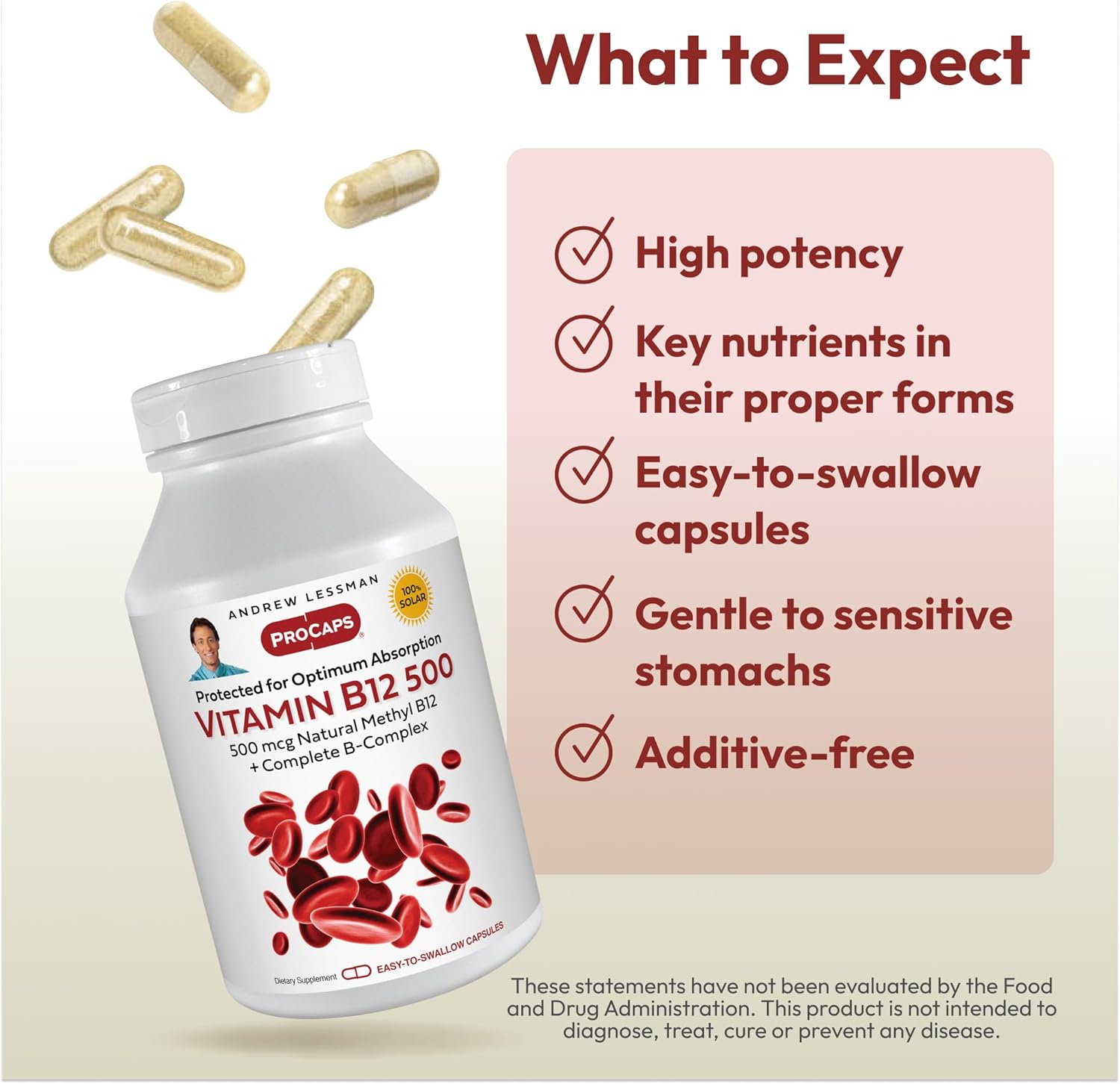 ANDREW LESSMAN Vitamin B12 500 720 Capsules - Absorption-Protected Methylcobalamin (Natural Coenzyme Vitamin B12), Essential for Energy and Stress Support, Plus B-Complex, Easy to Swallow Capsules