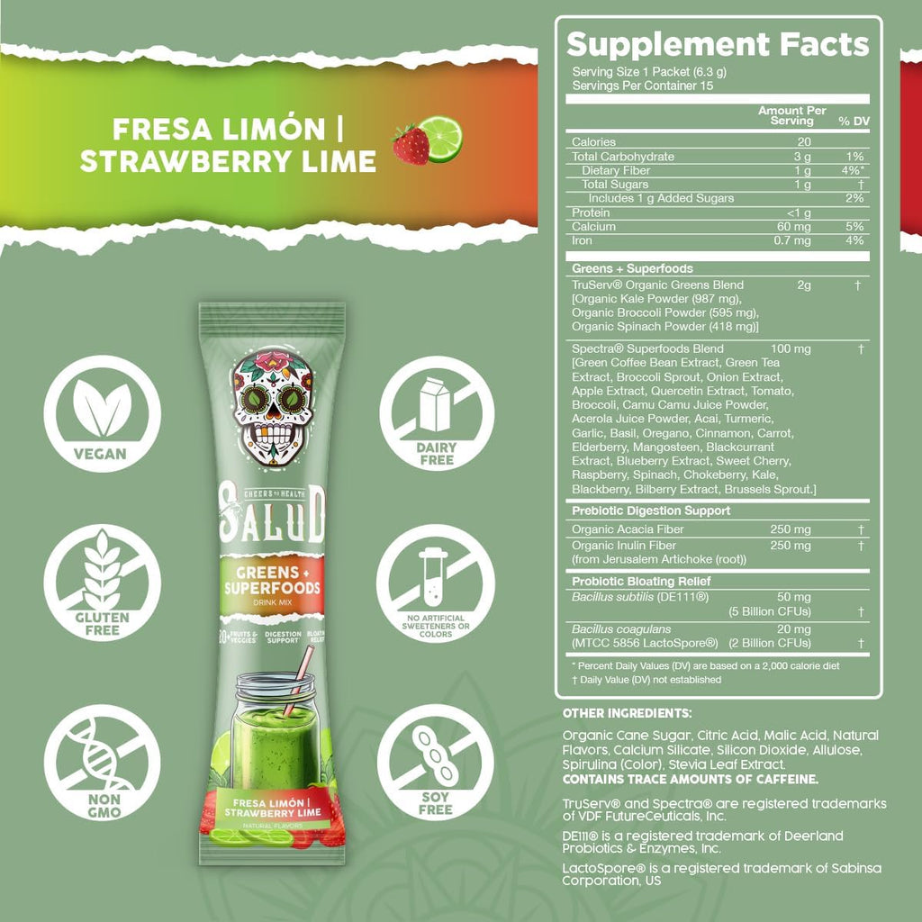 Salud 2-in-1 Greens Powder + Superfood Drink Mix Packets, 20+ Fruits and Veggies, Probiotics, Prebiotics, Supports Digestive Health, Bloating Relief, Vegan, Strawberry Lime (15 Servings)