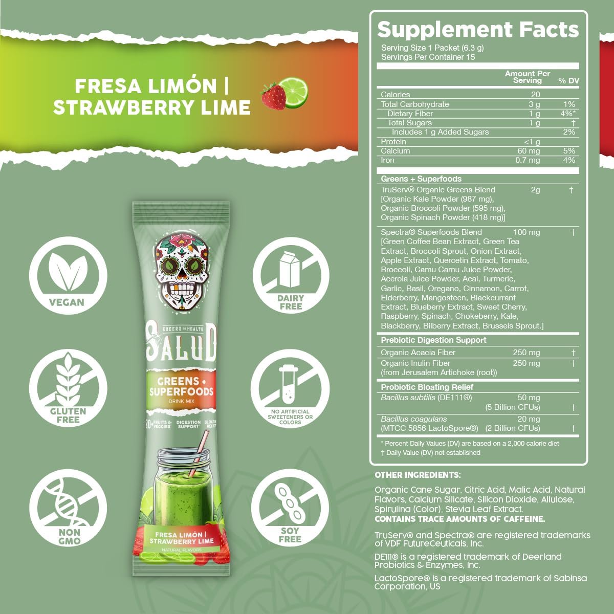 Salud 2-in-1 Greens Powder + Superfood Drink Mix Packets, 20+ Fruits and Veggies, Probiotics, Prebiotics, Supports Digestive Health, Bloating Relief, Vegan, Strawberry Lime (15 Servings)