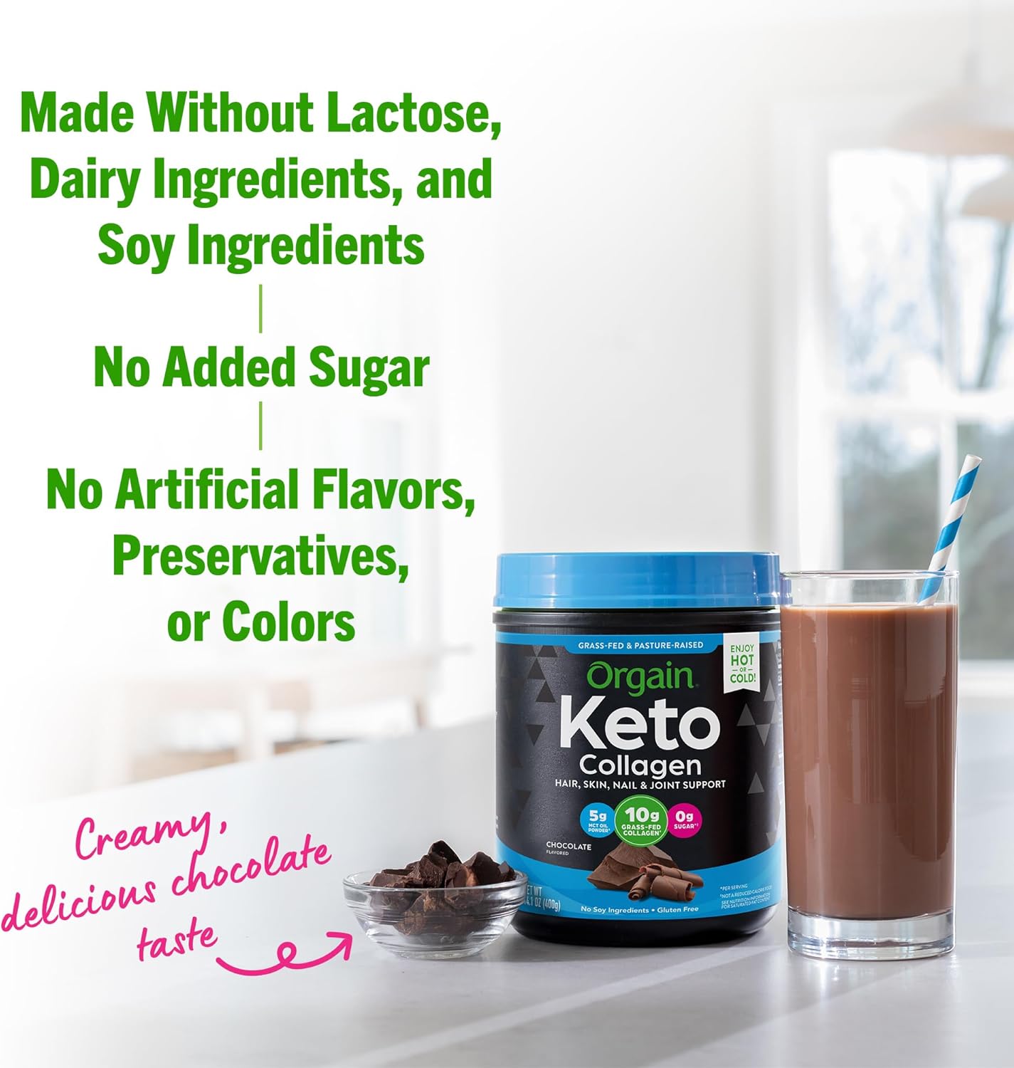 Orgain Keto Collagen Protein Powder with MCT Oil, Chocolate - Paleo Friendly, Grass Fed Hydrolyzed Collagen Peptides Type I and III, Dairy Free, Gluten Free, Soy Free, 0.88 Lb (Packaging May Vary)
