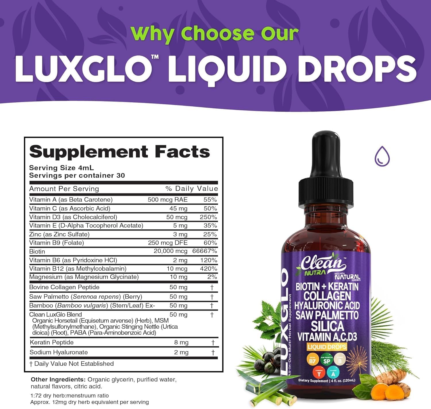 Biotin Liquid Drops Collagen Keratin Hyaluronic Acid Saw Palmetto for Hair Skin and Nails Silica Vitamin A C Vitamin D Bamboo Turmeric Zinc Folate Magnesium Horsetail LuxGlo by Clean Nutra - 2Pack