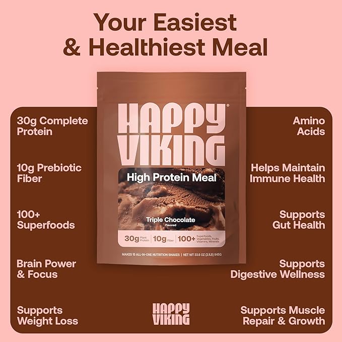 Happy Viking Chocolate Protein + Superfoods Powder, Created by Venus Williams, 30G Protein, Low Carb, Keto, Vegan, Gluten-Free, Non-GMO, Complete Meal Replacement, 1 Bag