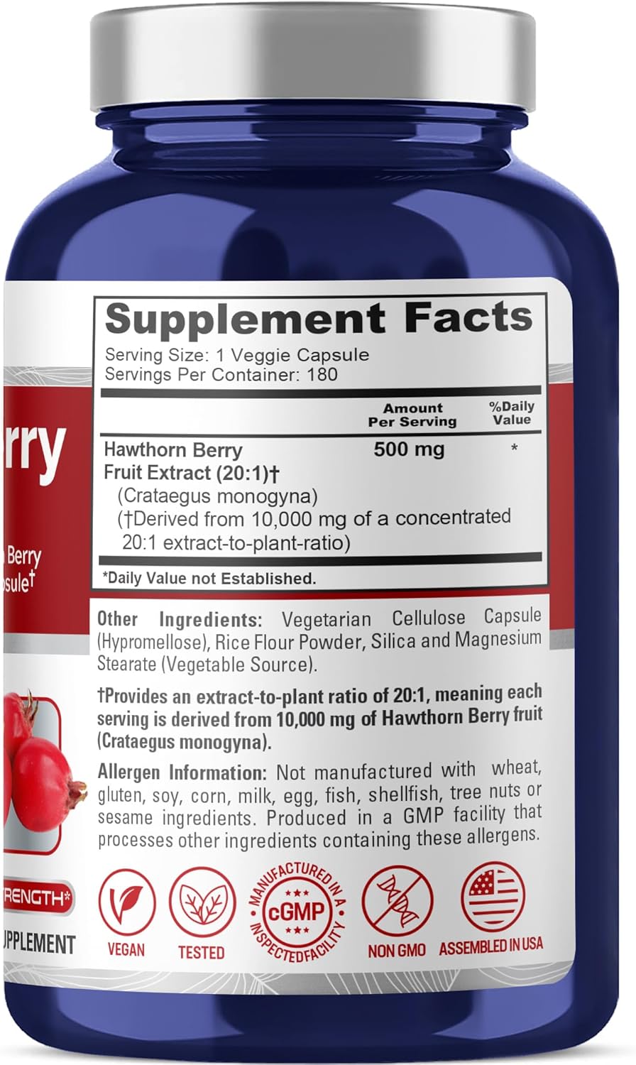 NusaPure Hawthorn Berry 20:1 Extract, 500 mg Equivalent to 10,000 mg 180 Veg Caps, Suitable for Vegetarians, Vegan, Non-GMO Dietary Supplement