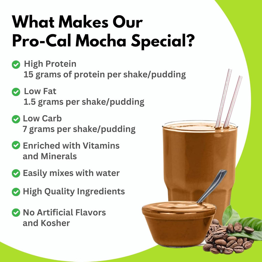 R-Kane Nutritionals Pro-Cal Pudding/Shake Mix, Low Calorie Protein Shake Powder, Meal Replacement Shakes, Mocha-Flavored Boost Drink, 15g Protein, 7 Packets per Box