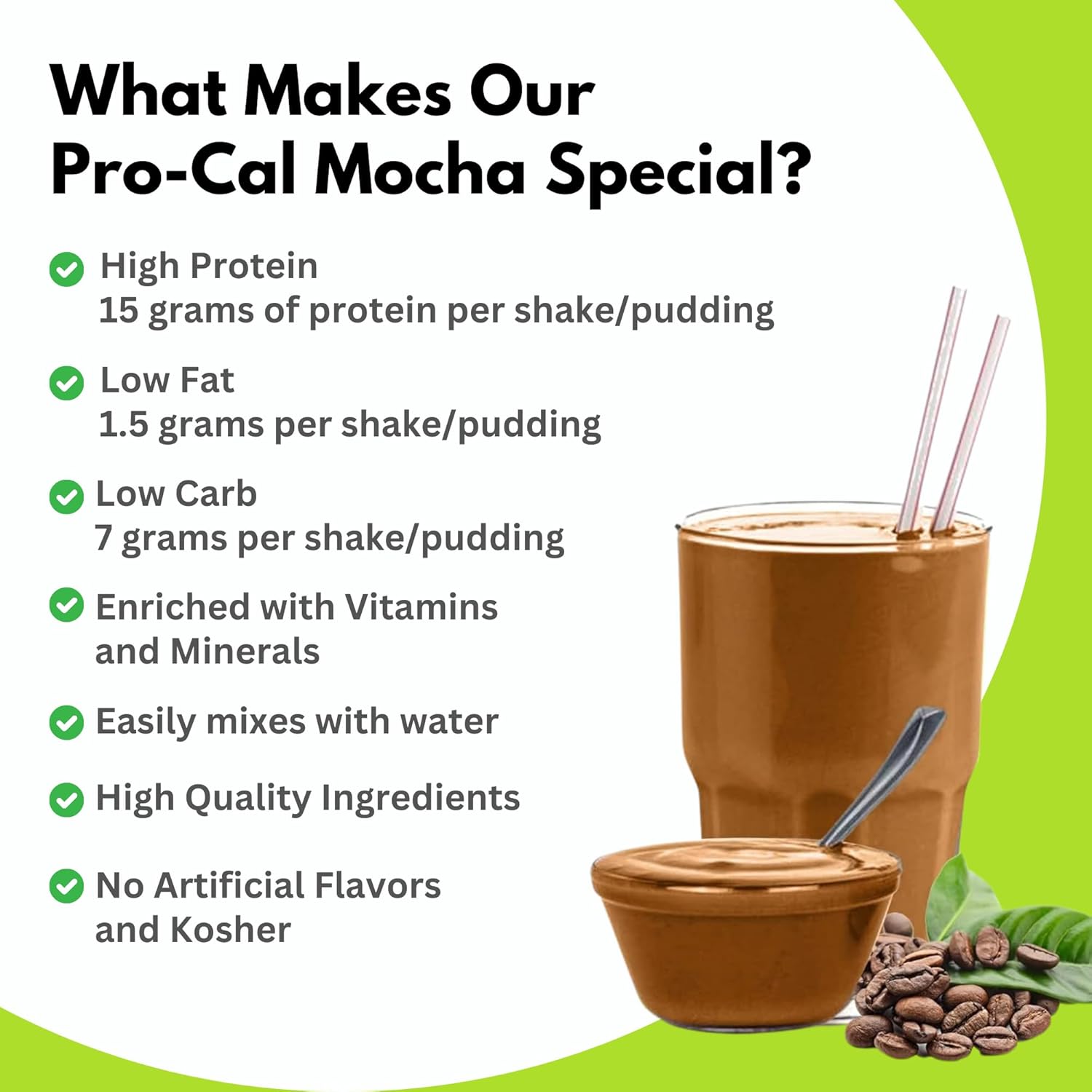 R-Kane Nutritionals Pro-Cal Pudding/Shake Mix, Low Calorie Protein Shake Powder, Meal Replacement Shakes, Mocha-Flavored Boost Drink, 15g Protein, 7 Packets per Box