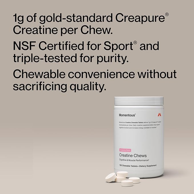 Momentous Creatine Chews - Creapure Creatine Monohydrate - Supports Strength, Lean Muscle, & Recovery for Men & Women - NSF Certified for Sport - 150 Chewable Tablets - Strawberry