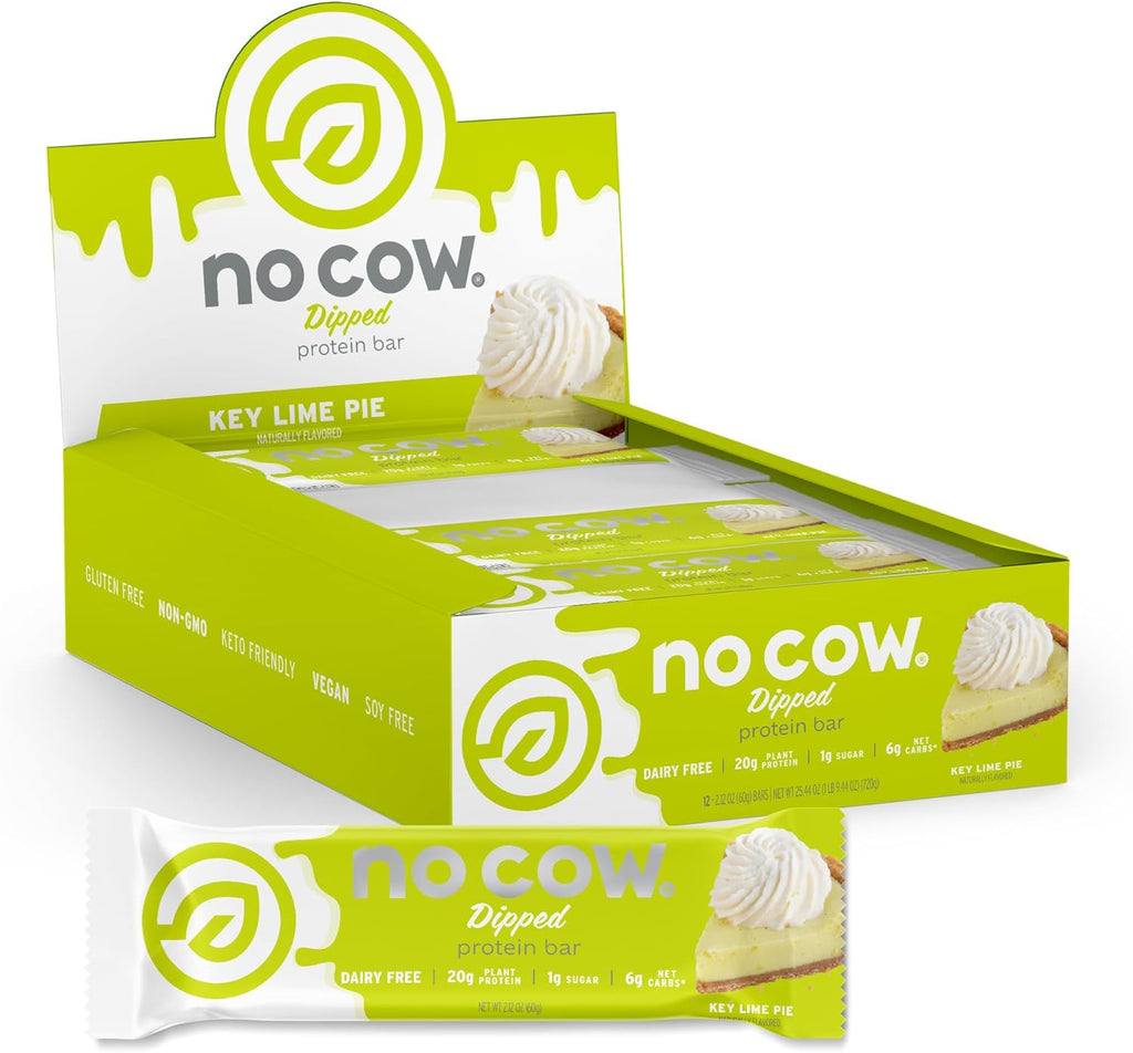 No Cow High Protein Bars, Dipped Key Lime Pie - Healthy Snacks, 20g Vegan Protein, High Fiber, Low Sugar, Keto Friendly, Dairy & Gluten Free (12 Count)