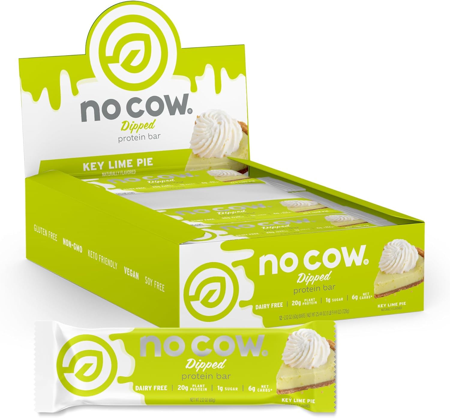 No Cow High Protein Bars, Dipped Key Lime Pie - Healthy Snacks, 20g Vegan Protein, High Fiber, Low Sugar, Keto Friendly, Dairy & Gluten Free (12 Count)