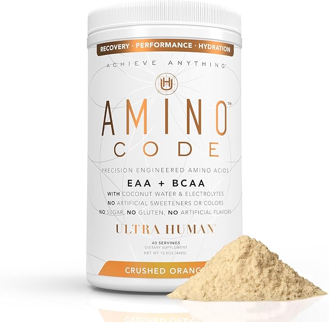 Ultra Human Amino Code | Essential Amino Acids + BCAAs + Coconut Water Electrolytes | Fast Hydration Workout Recovery Flavored Amino Energy Powder Drink | Clean Formula, 40 Servings - Crushed Orange
