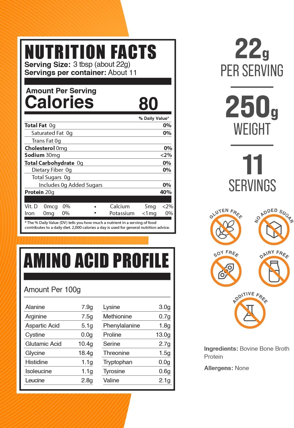 BulkSupplements.com Beef Bone Broth Protein Powder - Bovine Bone Broth Protein, Lactose Free Protein Powder - Dairy Free & Gluten Free, 22g per Serving, 250g (8.8 oz) (Pack of 1)