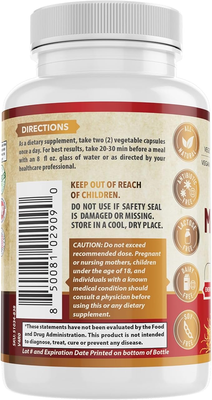 All Natural Mushroom Complex 10 in 1 | Daily Immune & Energy Support | Lions Mane, Chaga, Resihi | Gluten Free, Dairy Free, Soy Free | 60 Capsules | Made in The USA.