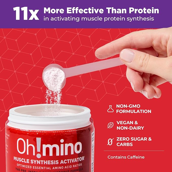 Oh!mino Essential Amino Acids Supplement Drink Powder, Berry Blast, Caffeinated Powder, All 9 EAAs, BCAAs and The Perfect Amino for Workouts, Amino Energy, and to Build Muscle, and Recover Faster
