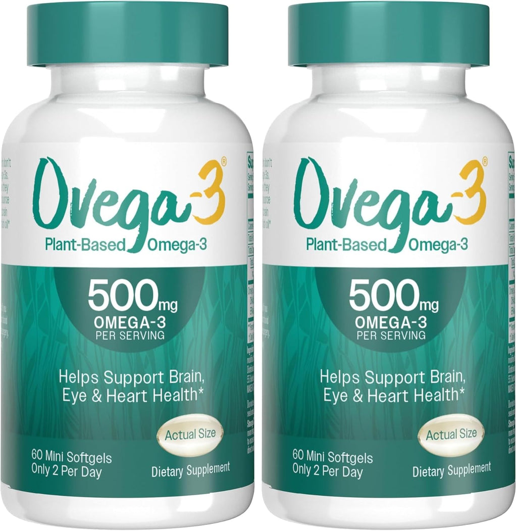 OVEGA-3 Plant-Based Omega-3 from Algal Oil Daily Supplement, 500mg, Supports Brain, Eye & Heart Health, Two Mini softgels per Day, 60 Count (Pack of 2)