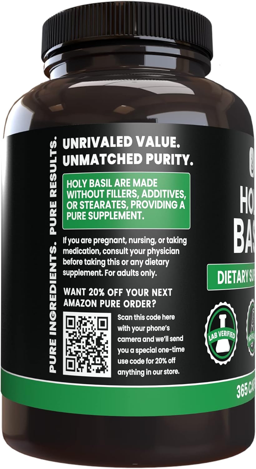 PURE ORIGINAL INGREDIENTS Holy Basil (365 Capsules) No Magnesium Or Rice Fillers, Always Pure, Lab Verified
