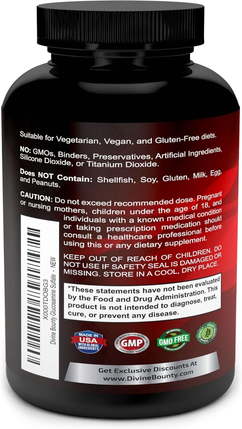 Divine Bounty Glucosamine Sulfate Supplement (2000mg per Serving) with MSM - 240 Small Vegetarian Capsules - No Shellfish or Harmful Additives