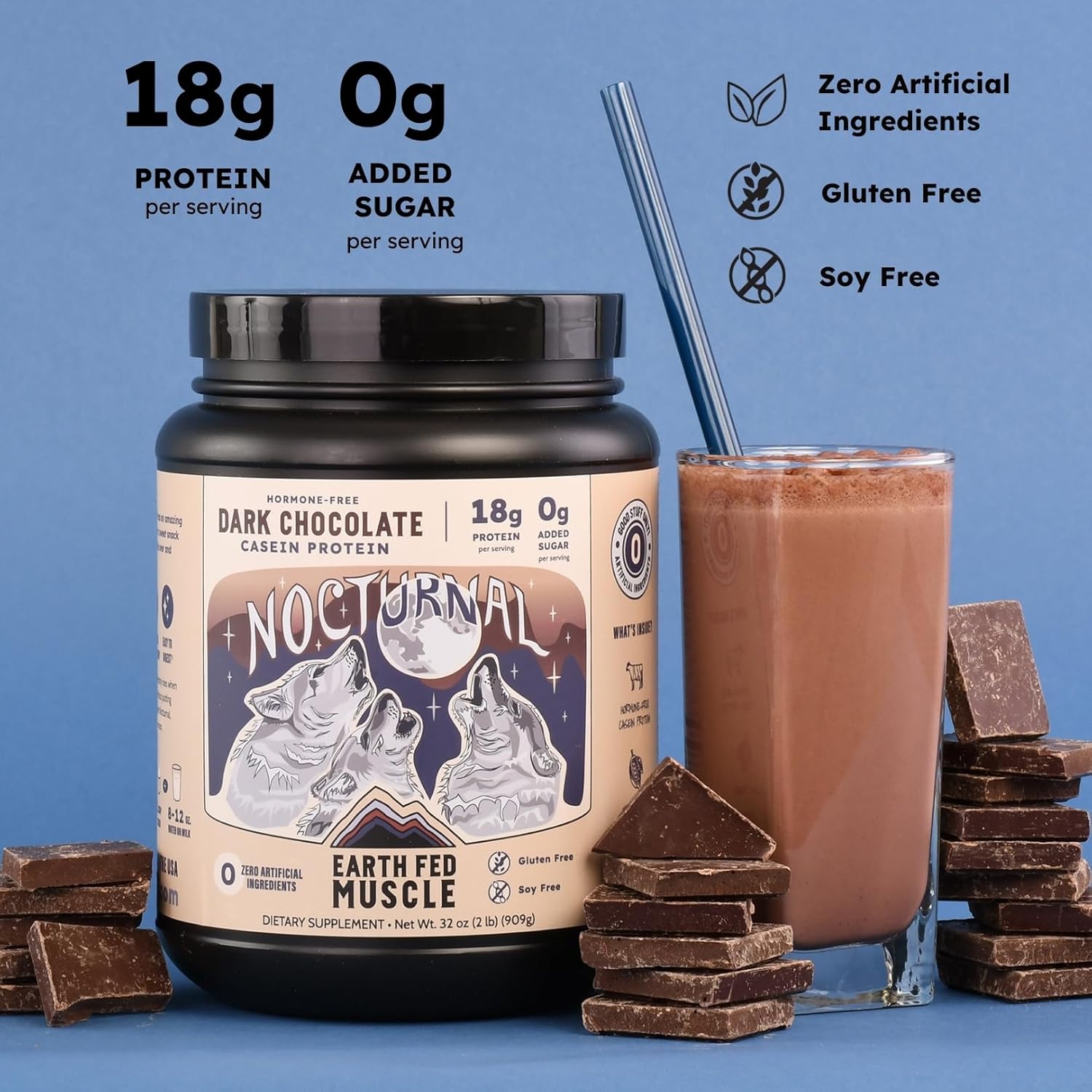 Earth Fed Muscle Nocturnal Casein Protein Powder – Dark Chocolate Protein Powder with Whey Blend – 18g Protein, Sugar Free, Gluten Free – Nighttime Recovery Protein Poweder – 2lb, 23 Servings