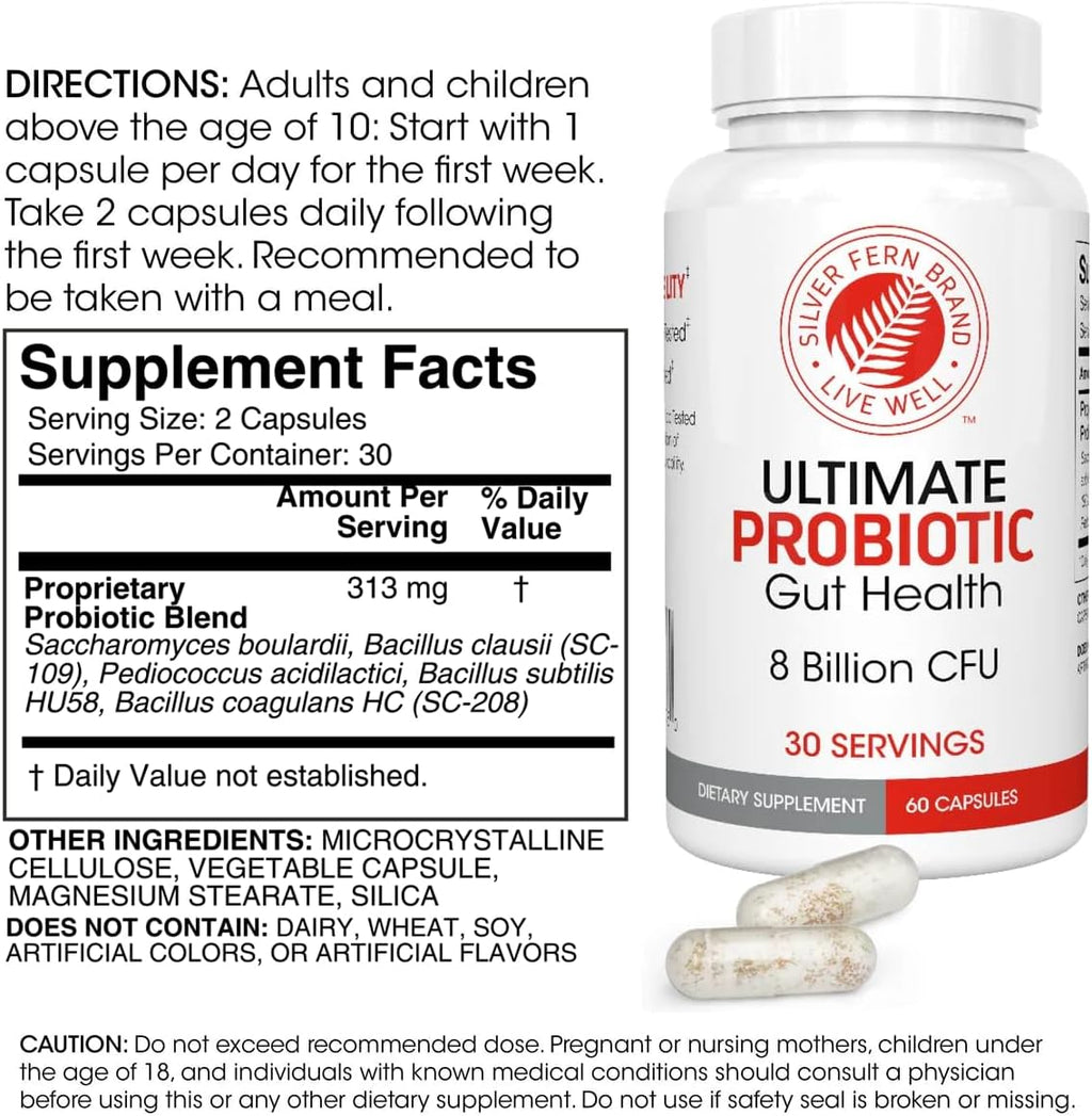 Silver Fern Brand Ultimate Probiotic 4-Pack – Probiotics for Women & Men – 8 Billion CFU Spore-Forming Gut Health Supplement – DNA Verified, Probiotic, Shelf-Stable, High Survivability – 240 Capsules