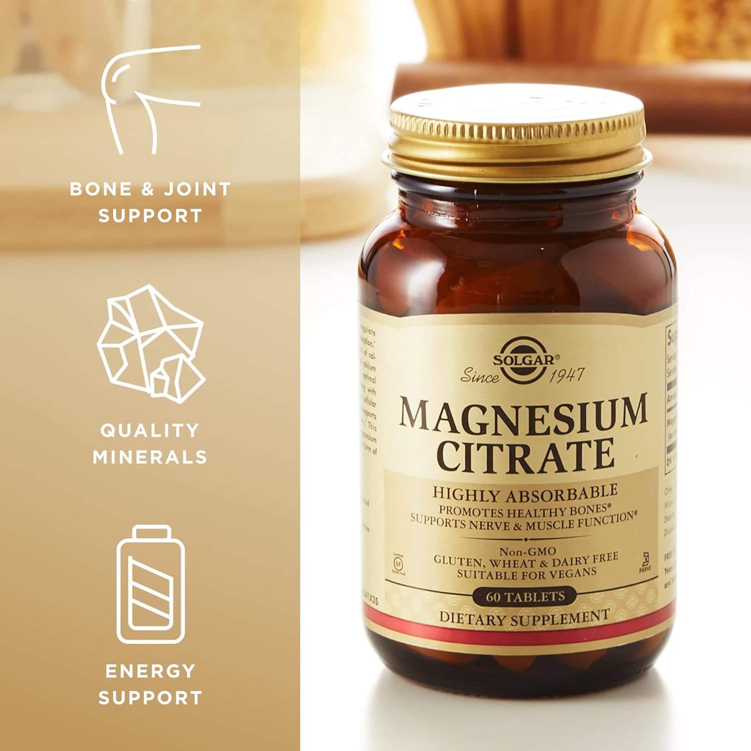 Solgar Magnesium Citrate - 60 Tablets - Supports Nerve & Muscle Function - Highly Absorbable - Non-GMO, Vegan, Gluten Free, Kosher - 30 Servings