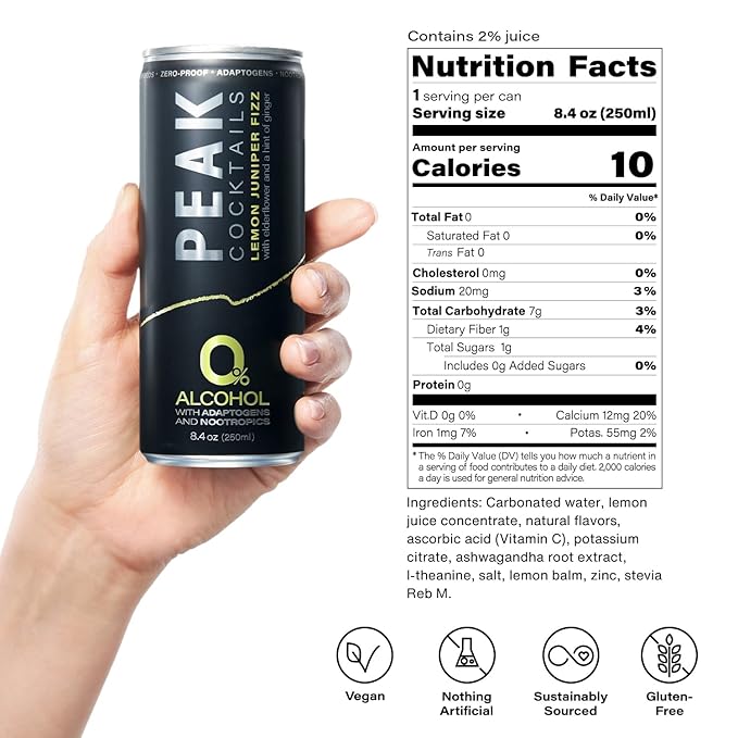 Peak Cocktails Non-Alcoholic Cocktail | Adaptogens, Nootropics, Superfoods for Recovery, Calm, Sleep | Ashwagandha, Tart Cherry, L-Theanine | Mixologist-crafted | Lemon Juniper Fizz | 8.4 oz, 12-Pack