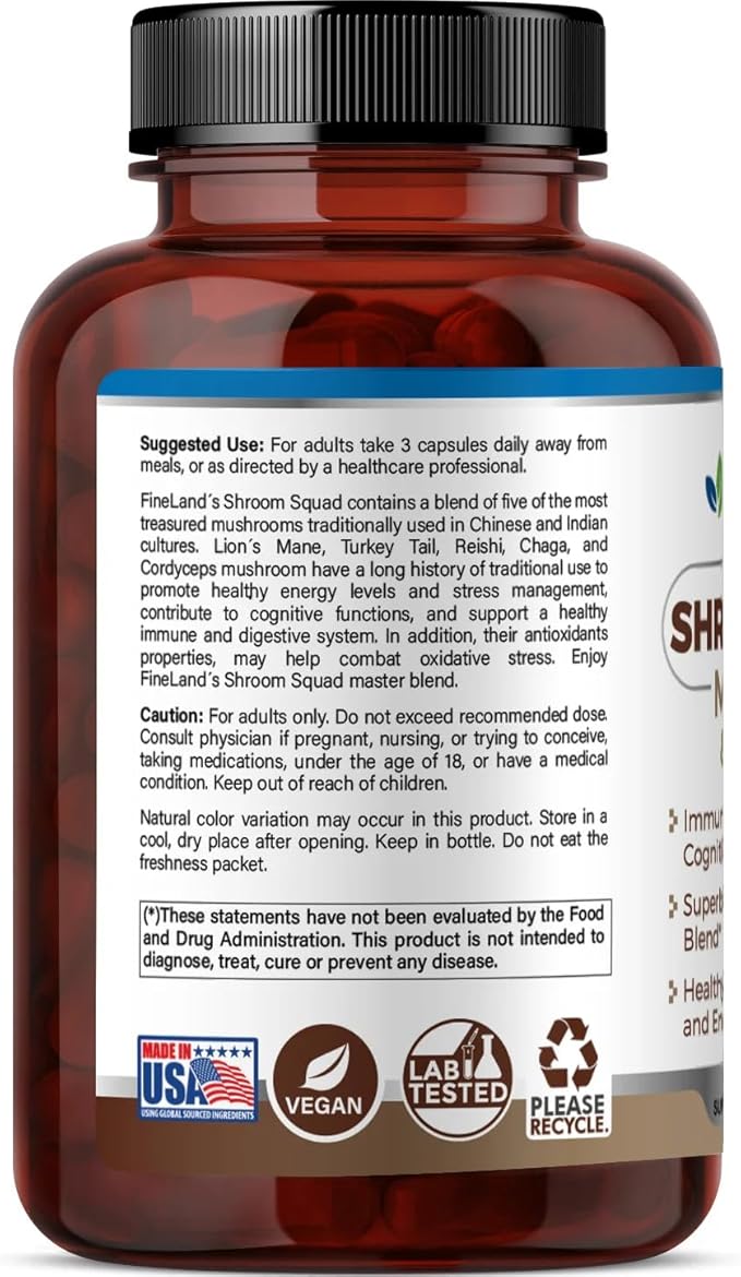 FineLand Shroom Squad 5-Mushroom Master Blend - 1500mg Complex with Lion’s Mane, Reishi, Cordyceps, Chaga & Turkey Tail - Enhanced with BioPerine - Cognitive, Immune & Energy Support - 90 Veggie Caps
